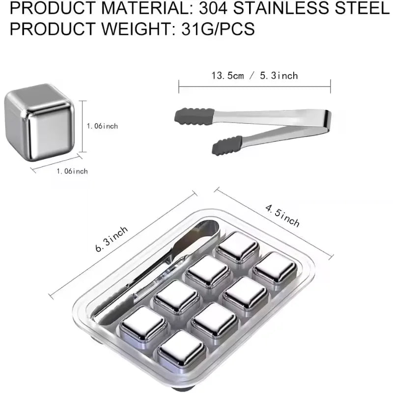 Reusable Stainless Steel Ice Cubes Set – 8/12 Pcs Whiskey Stones Bar Chilling Stones Qst