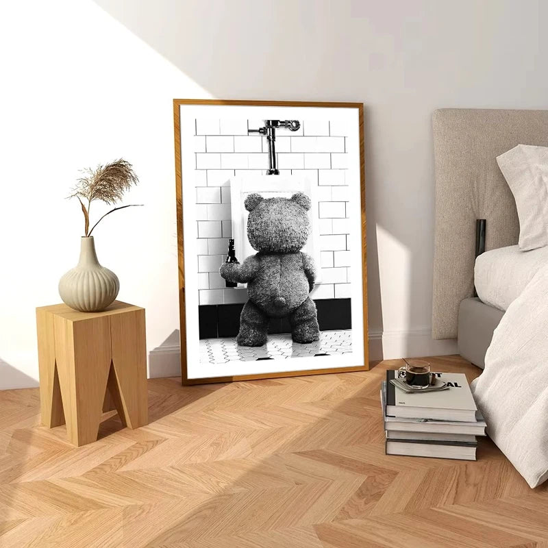 Cute Bear Canvas Wall Art – Black & White Bathroom Poster Canvas Wall Art Qst