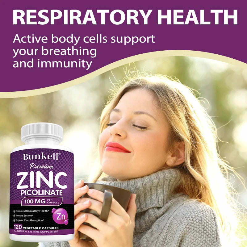 Zinc Picolinate 100mg 120 Capsules – Non-GMO, Vegan | Bunkell Mineral Supplement Qst