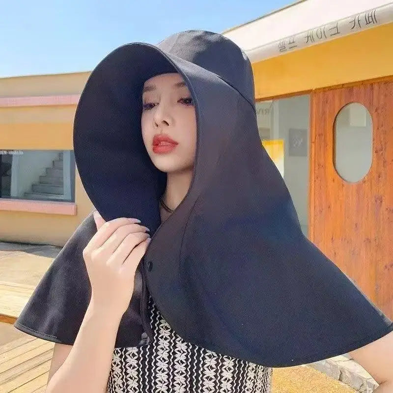 Women's Large Brim Sun Hat with Shawl – Quick-Dry UV Cap Sun Hat Qst Black one size