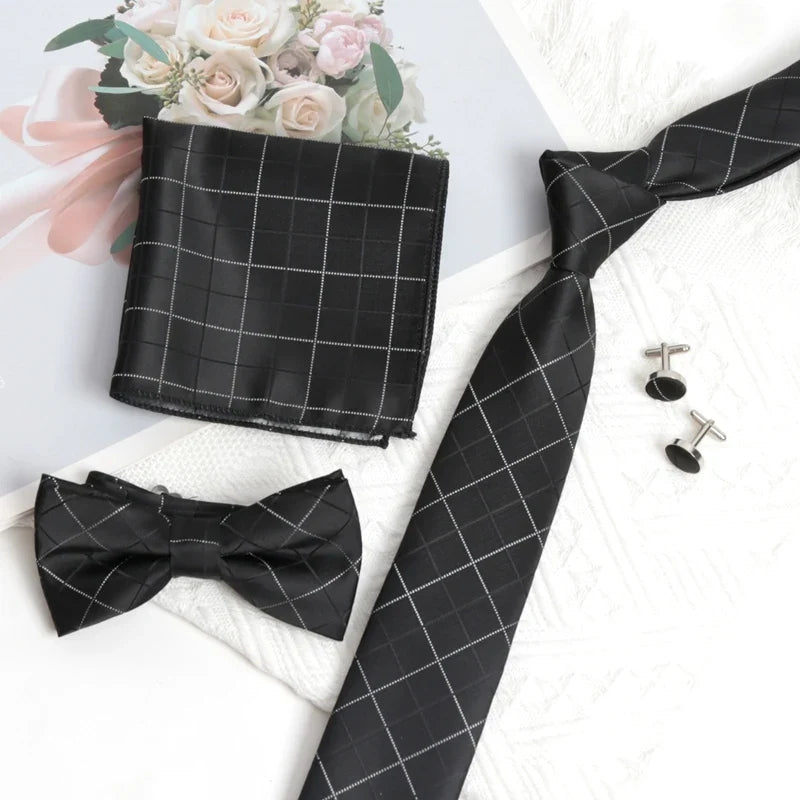 Men's Black Stripe Tie, Cufflinks, Cravat & Bowtie Gift Set Formal Accessories Set Qme