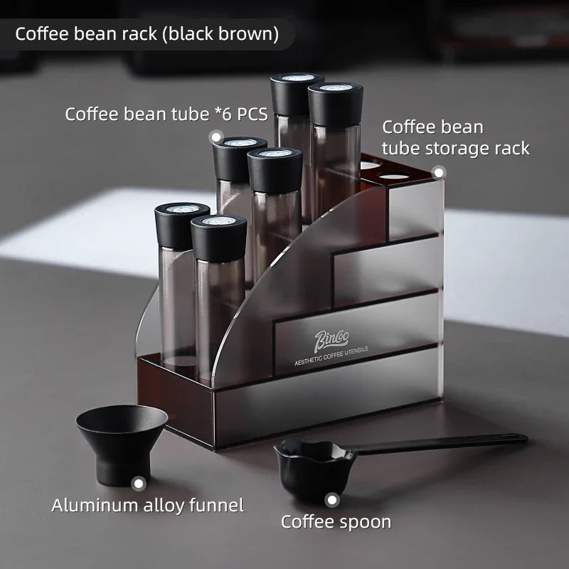 BINCOO Single Dose Coffee Bean Storage Tubes – 6-Tube Shelf Set Coffee Bean Storage Set Qst Tea colored set