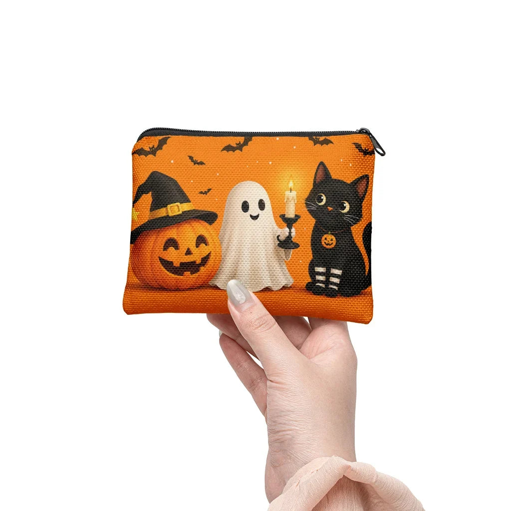 Halloween Pumpkin Ghost Black Cat Canvas Coin Purse Canvas Coin Purse Qme