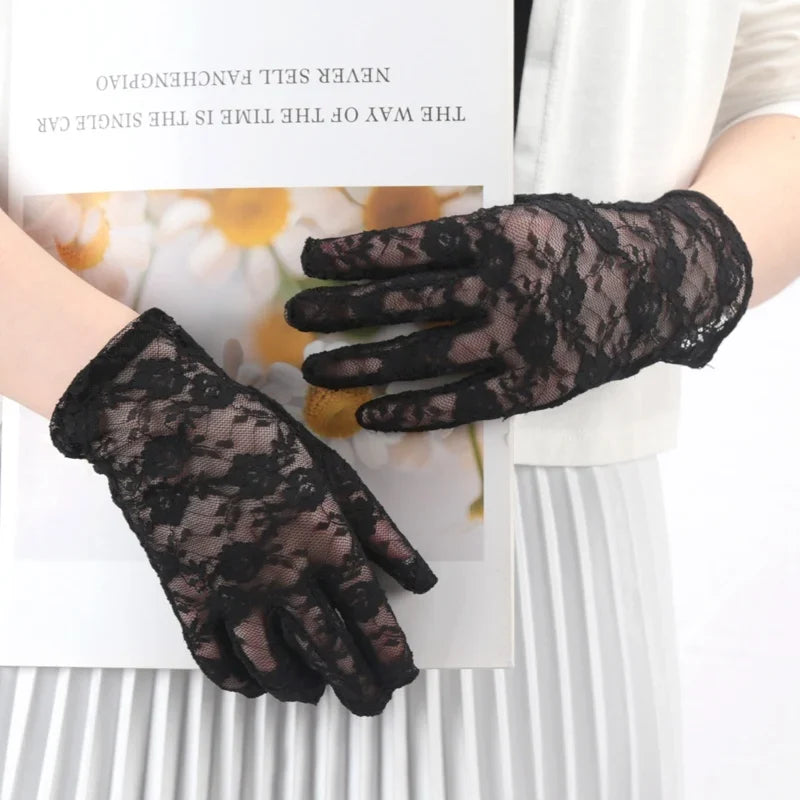 Women's Lace Tulle UV-Protection Short Driving Gloves | Summer Lace Driving Gloves Qme