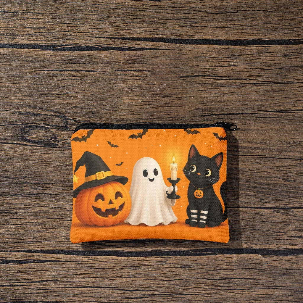 Halloween Pumpkin Ghost Black Cat Canvas Coin Purse Canvas Coin Purse Qme