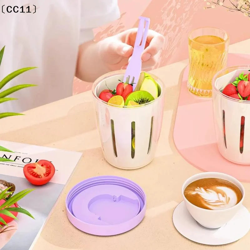 Cylindrical Salad & Fruit Cup Container with Fork & Drainage Portable Salad Container Qme