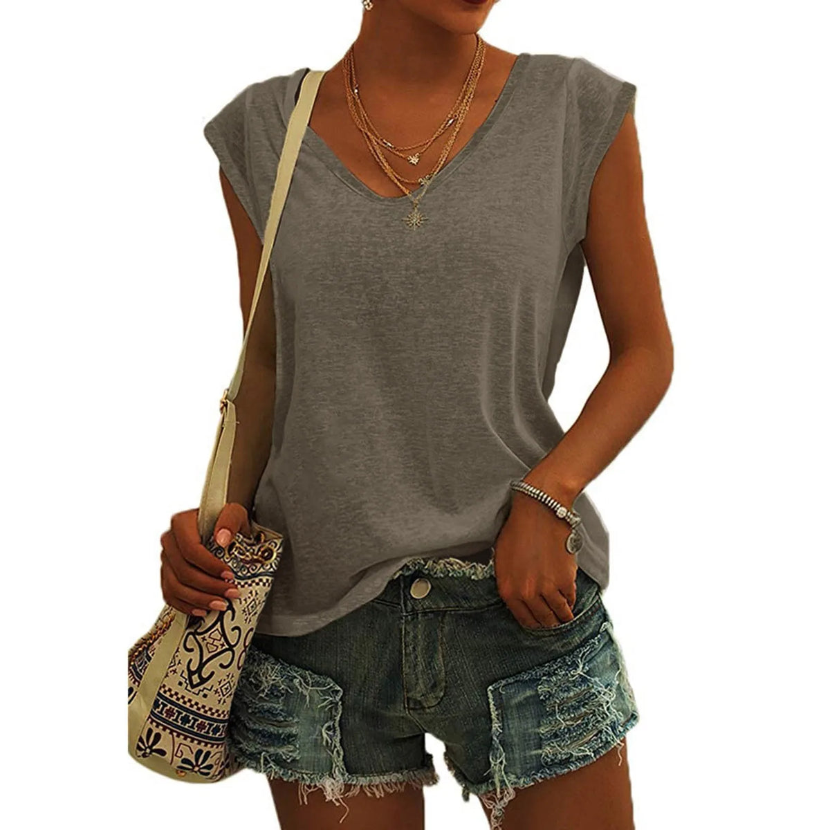Women's Minimalist V-Neck Sleeveless Top | 12 Colors, S–XXL Sleeveless Tank Top Qme Brown L