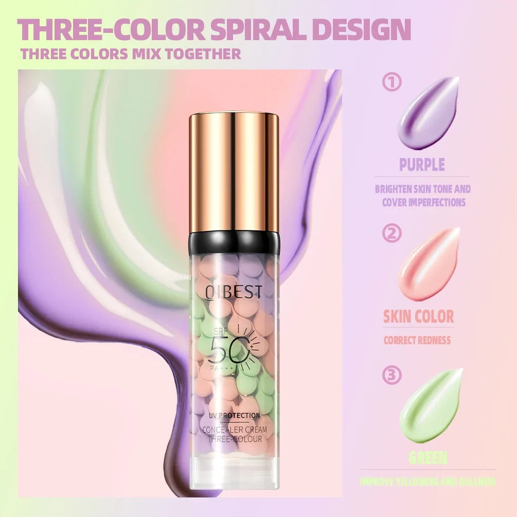 QIBEST Tri-Color Face Primer – Brighten, Contour & Correct Face Primer Cream Qme