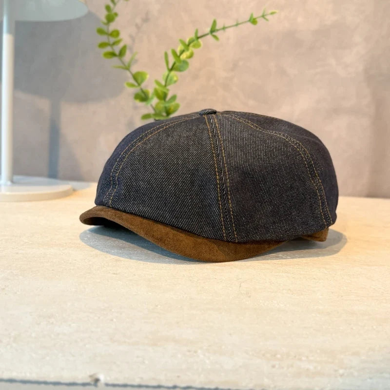 Washed Distressed Denim Patchwork Beret Painter Hat Painter Beret Hat Qme Blue One Size