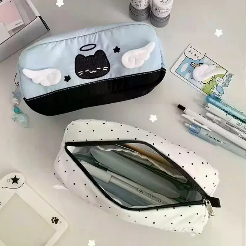 Cute Angel Cat Pencil Case – Student Stationery Storage Bag Pencil Case Qme