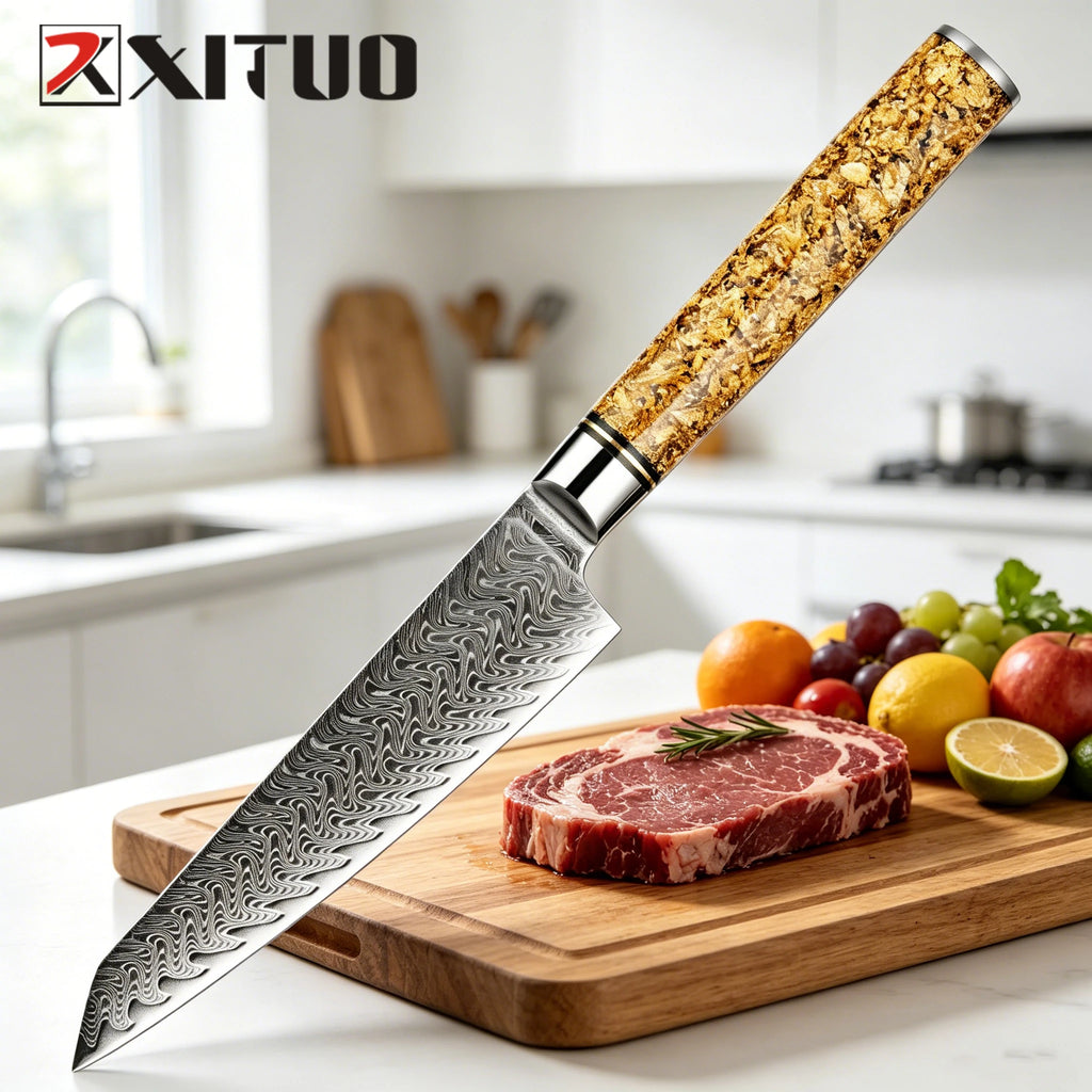 XITUO 5-Inch Damascus Steel Utility Knife – Gold Leaf Handle Damascus Utility Knife Qst