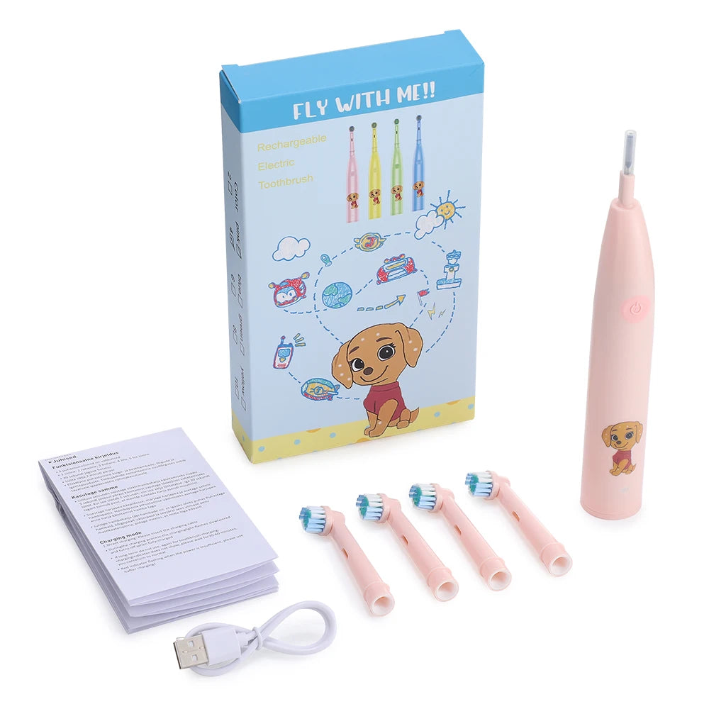 Ms.Dear Kids Electric Toothbrush 5 Modes Timer & 4 Heads Kids Electric Toothbrush Qst Pink