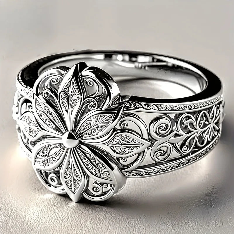 Vintage Flower Filigree Ring – Silver Hollow Floral Statement Filigree Statement Ring Qme