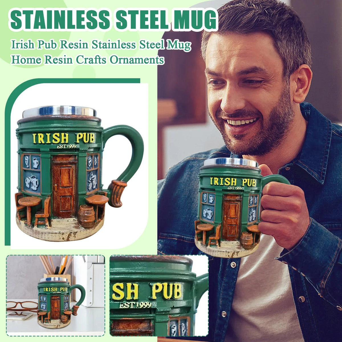 Irish Pub Stainless Steel Mug – Home Bar Resin Craft Decor Home Bar Resin Craft Qme as shown One Size