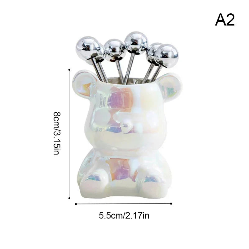 Cute Bear Stainless Steel Dessert Forks with Ceramic Storage Jar Dessert Fork Set Qme A2