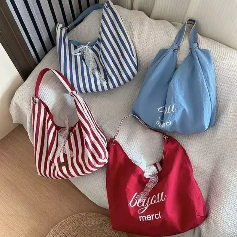 Women's Striped Reversible Hobo Tote Bag with Lace Bow Decor Reversible Hobo Tote Qme