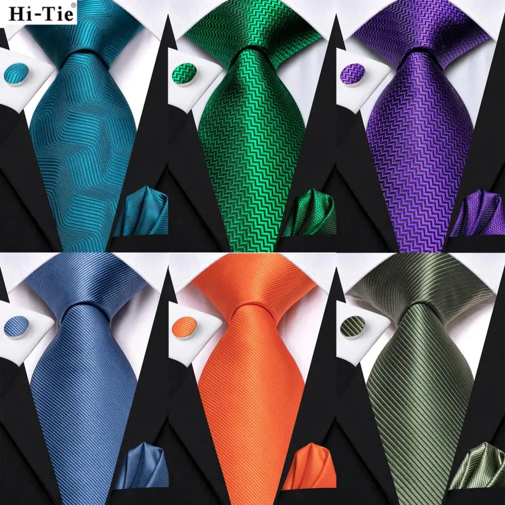 Hi-Tie Men's Silk Necktie Handkerchief & Cufflinks Set Necktie & Cufflinks Set Qme