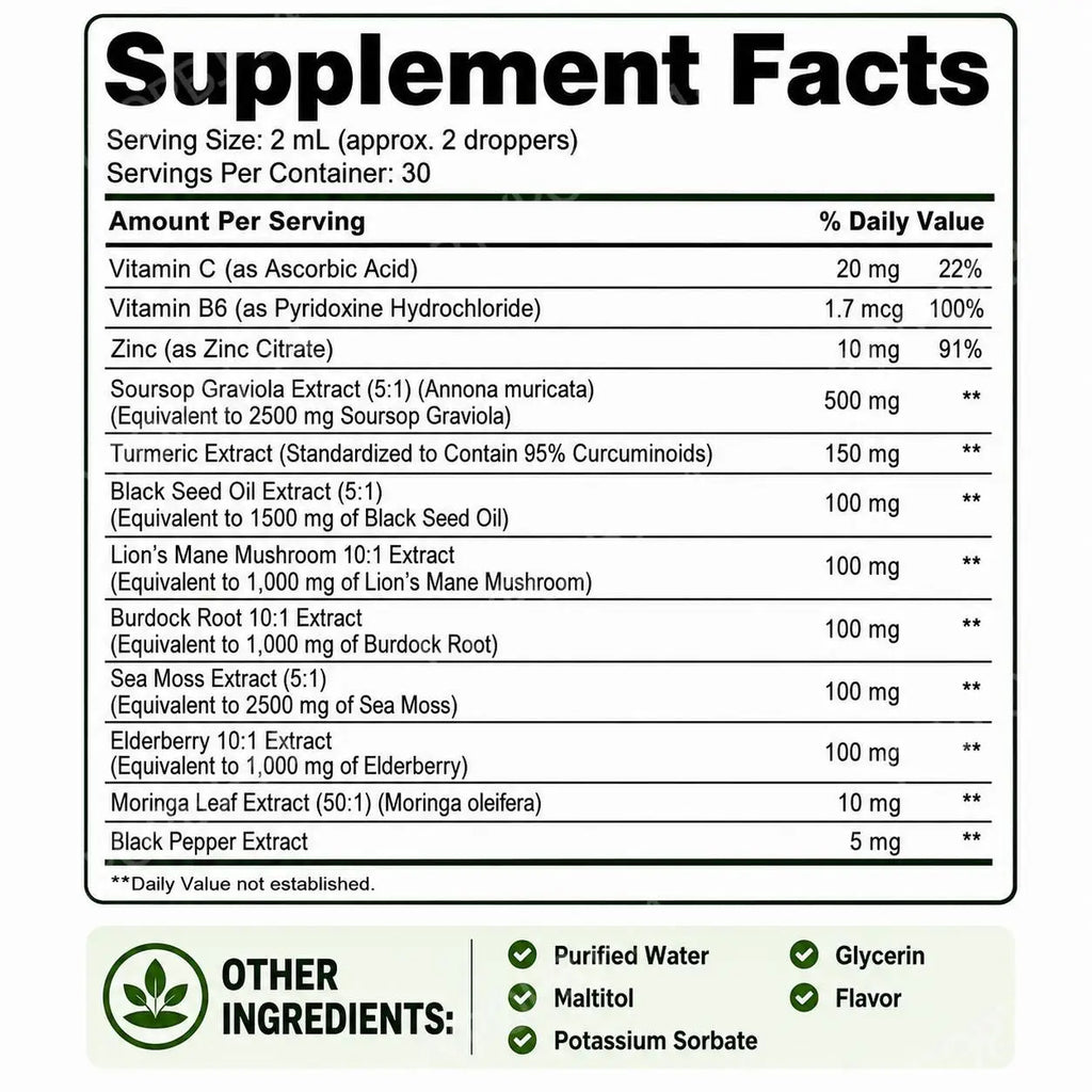 Soursop Graviola Liquid Drops – Vitamin C B6 Zinc | 60ml Herbal Liquid Supplement Qst