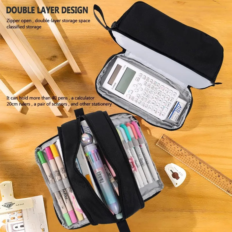 Large 4-Compartment Pencil Pouch Bag with Zipper & Handle Pencil Pouch Qme