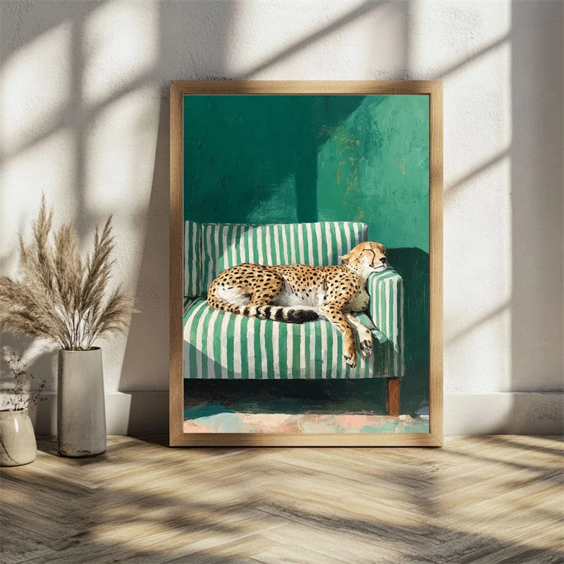 Leopard Canvas Wall Art – Minimalist Greenish-Gray Cheetah Print Canvas Wall Art Qst
