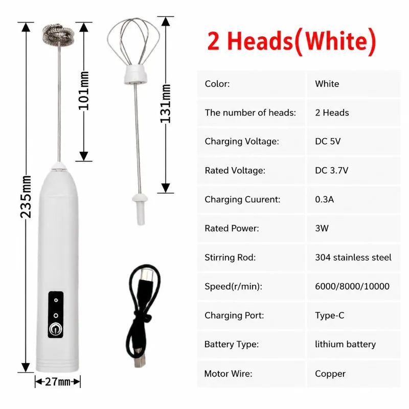 ZARTSEN USB Rechargeable Mini Milk Frother – 3-Speed Foam Maker Milk Frother Qst 2in1 White