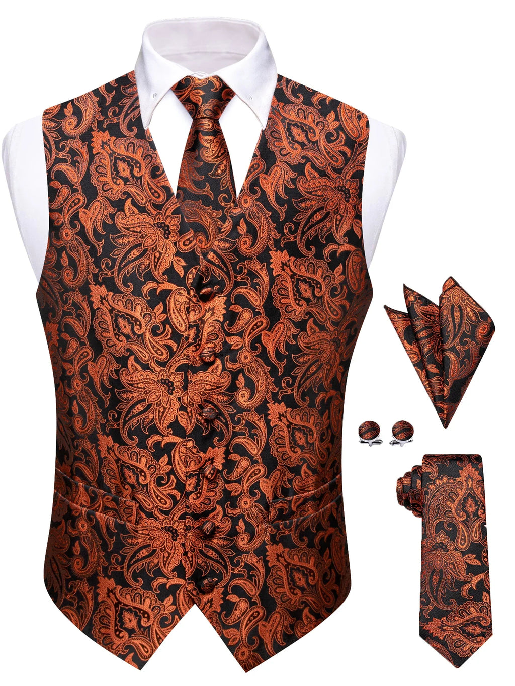 Men's Paisley Vest Tie Pocket Square & Cufflinks Set Formal Accessory Set Qme MJTZ9085 L