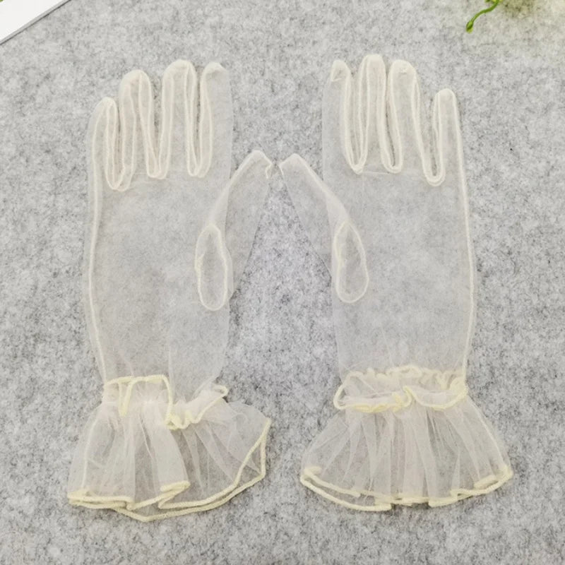 Women's Black Lace Gloves – Sheer Tulle Wedding & Bridal Lace Fashion Gloves Qme Champagne One Size