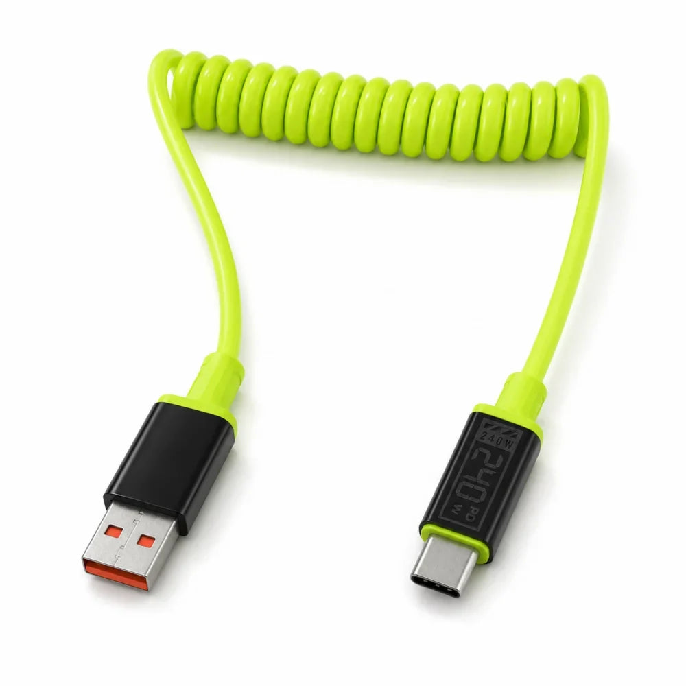 240W USB-C Spring Retractable Fast Charging Cable | Braided USB-C Charging Cable Qme Green A To C 1m