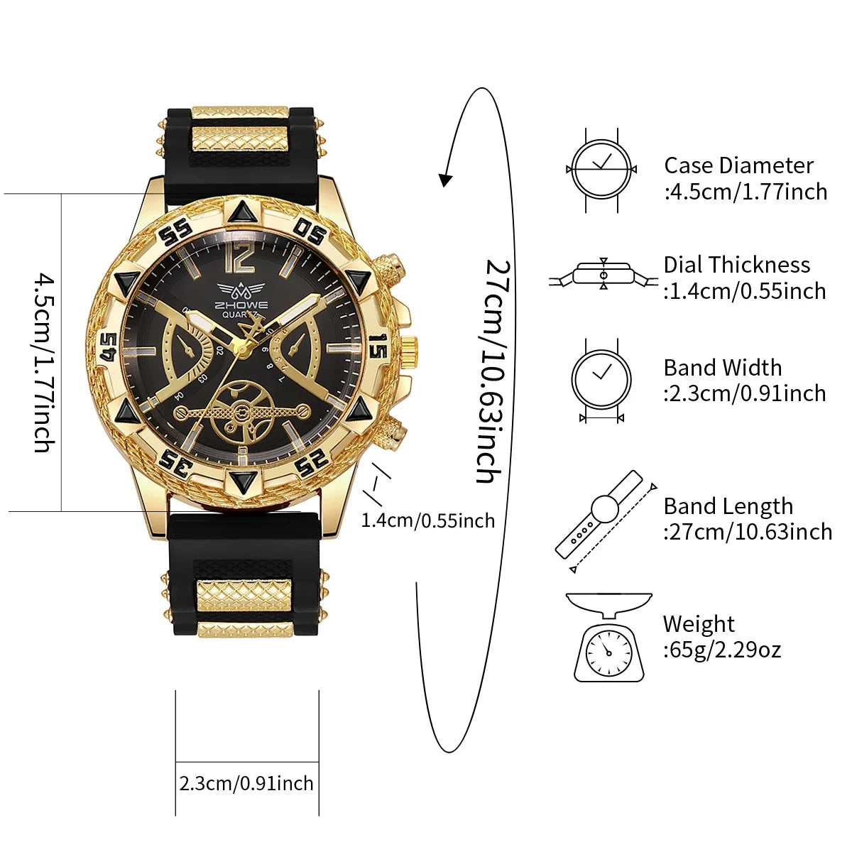 Men's Big Dial Quartz Watch Cross Necklace Bracelet Ring Set Men's Jewelry Set Qme