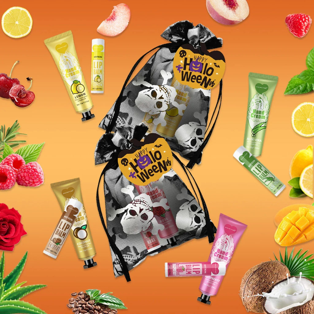 12-Pack Halloween Gift Sets – Lip Balm & Hand Cream Skull Bag Holiday Gift Set Qme