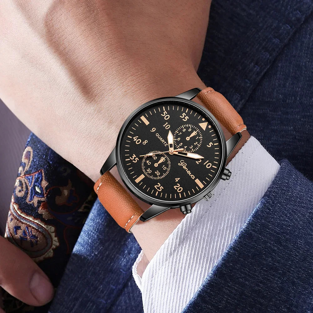 Geneva Men's Leather Strap Quartz Watch – Three-Eye Dial Men's Quartz Watch Qme