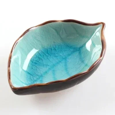 Ceramic Leaf Saucer Ice Crack Glaze | Soy Sauce Dish Ceramic Condiment Dish Qme Lake Blue