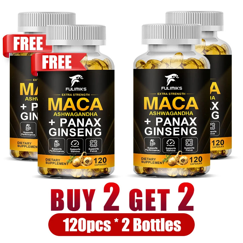 Maca & Ashwagandha Capsules – Stamina, Balance & Wellness Herbal Supplement Capsules Qst 4 Bottles-120pcs