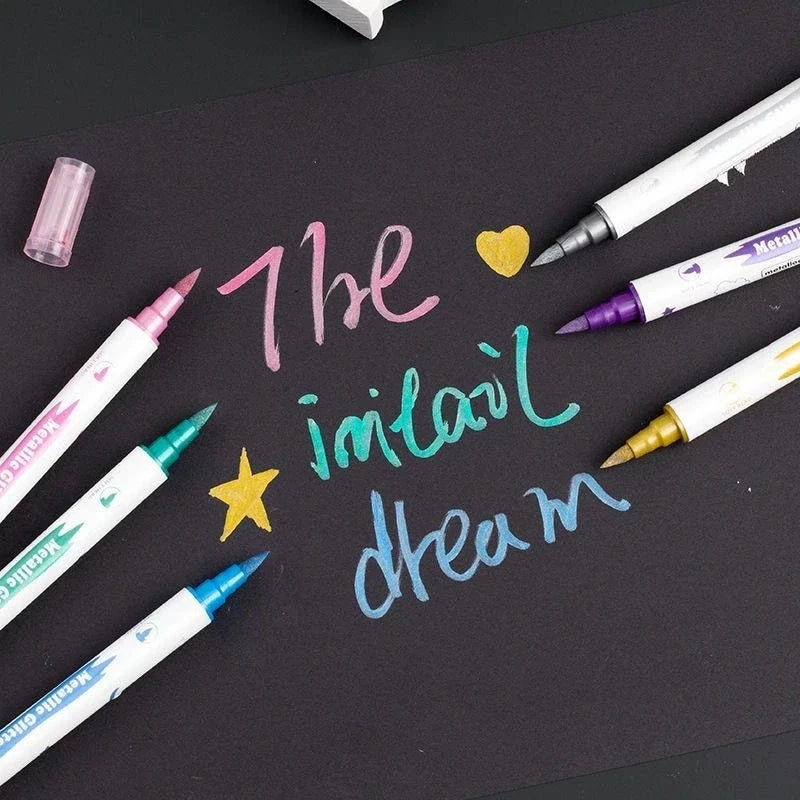 Metallic Glitter Dual Tip Marker Pens – Brush & Fine Nib Dual Tip Art Markers Qme