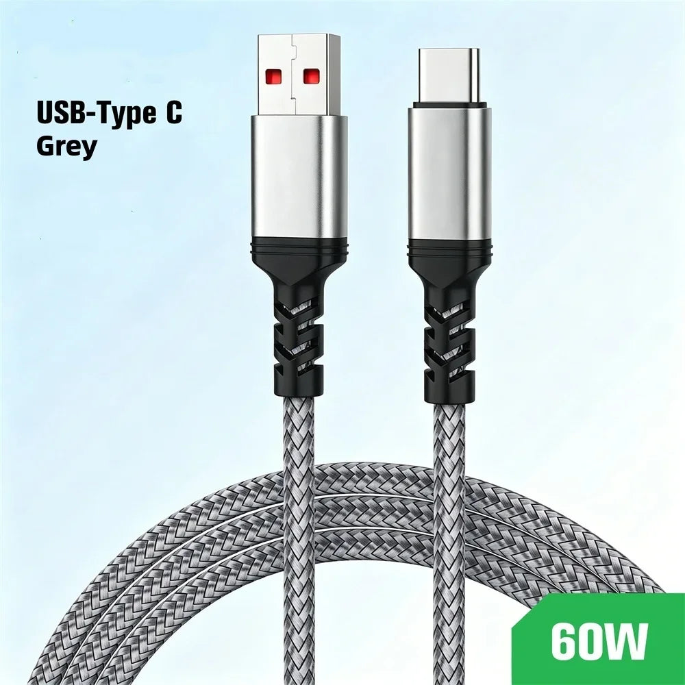 PD 60W USB-C Nylon Braided Fast Charging Cable | Qme USB-C Charging Cable Qme Grey USB to Type-C 3 meter