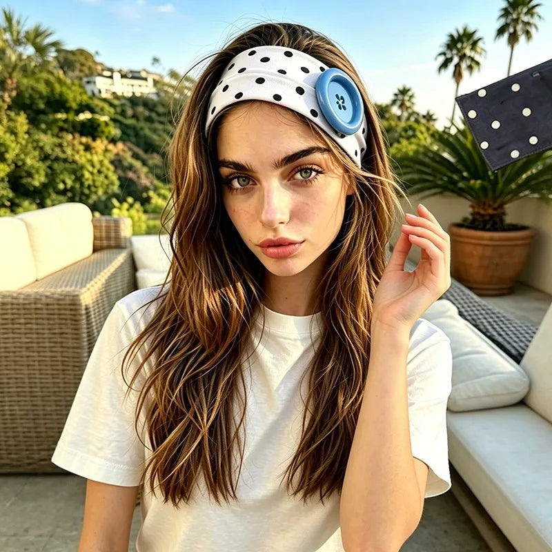 Y2K Wide Polka Dot Elastic Headband – Big Button Hair Hoop Wide Elastic Headband Qme