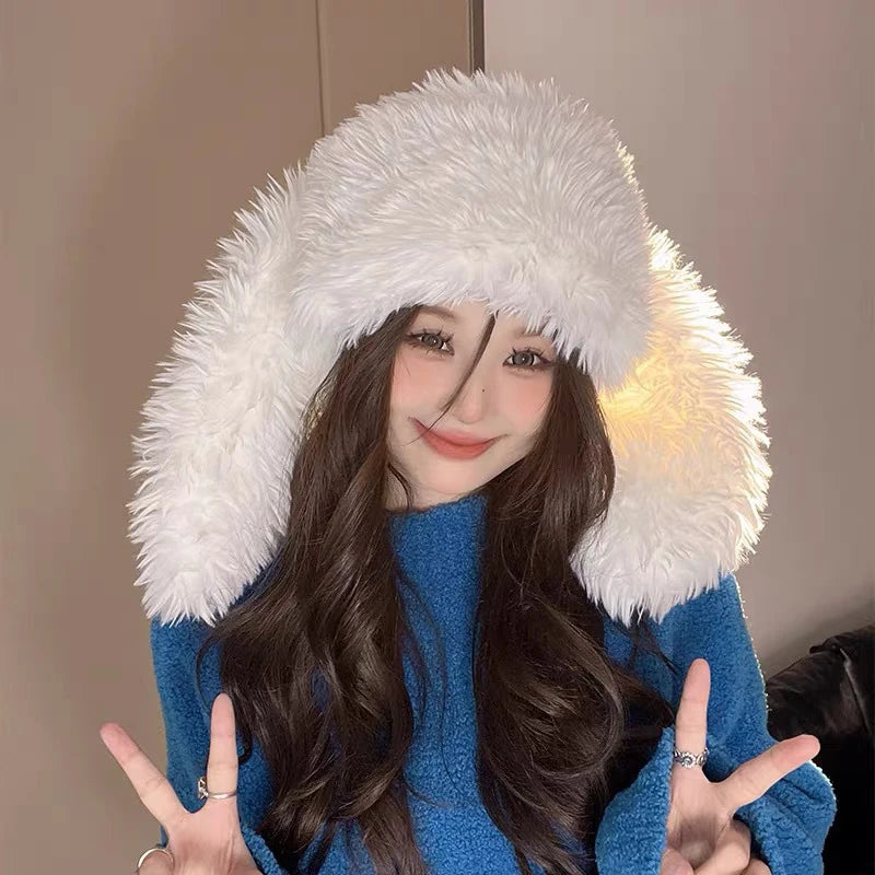 Cute Bunny Ears Plush Hat – Soft Faux Fur Winter Hat Winter Plush Hat Qst White