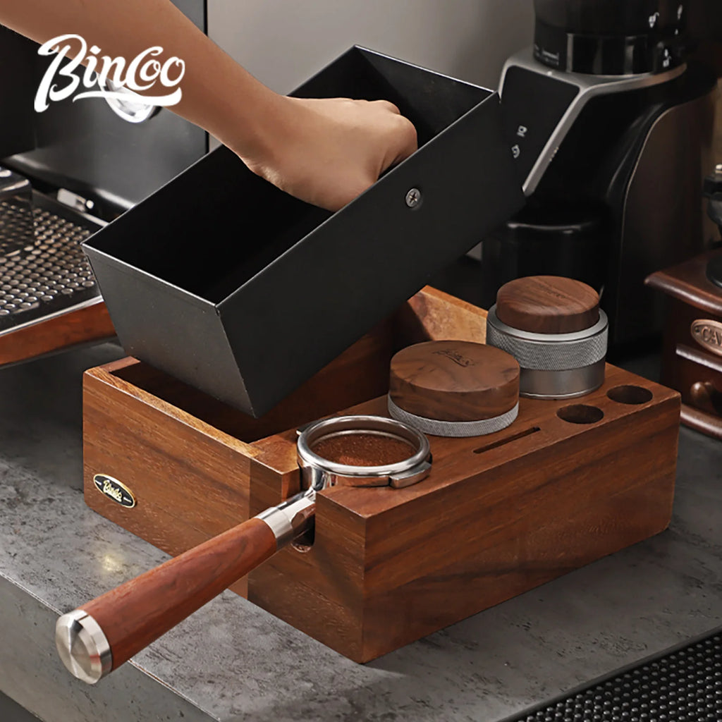 Walnut Espresso Knock Box & Tamping Station 51/58mm | Bincoo Espresso Tamping Station Qst