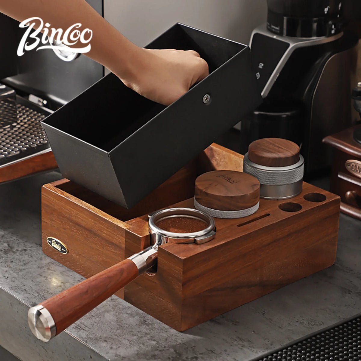 Walnut Espresso Knock Box & Tamping Station 51/58mm | Bincoo Espresso Tamping Station Qst
