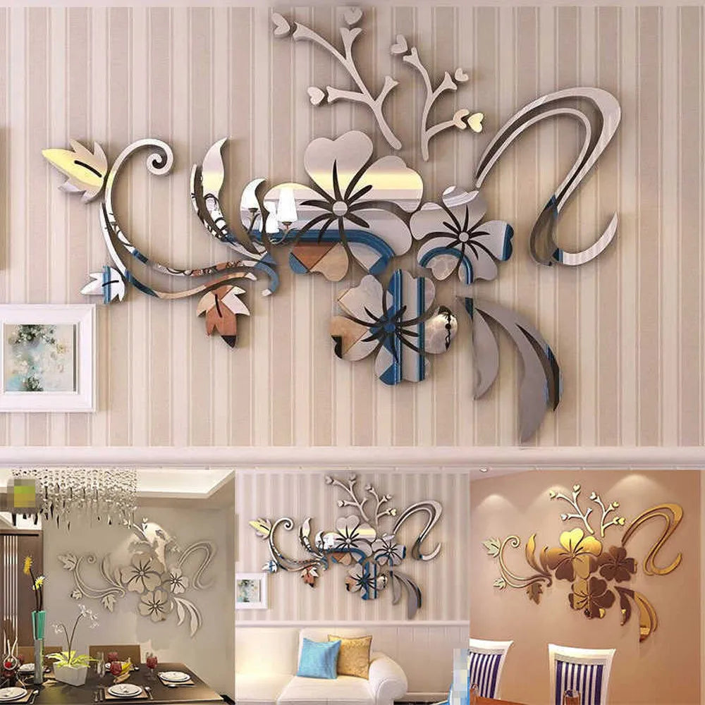 3D Mirror Floral Acrylic Wall Sticker – Removable Mural Decal Acrylic Wall Decal Qme