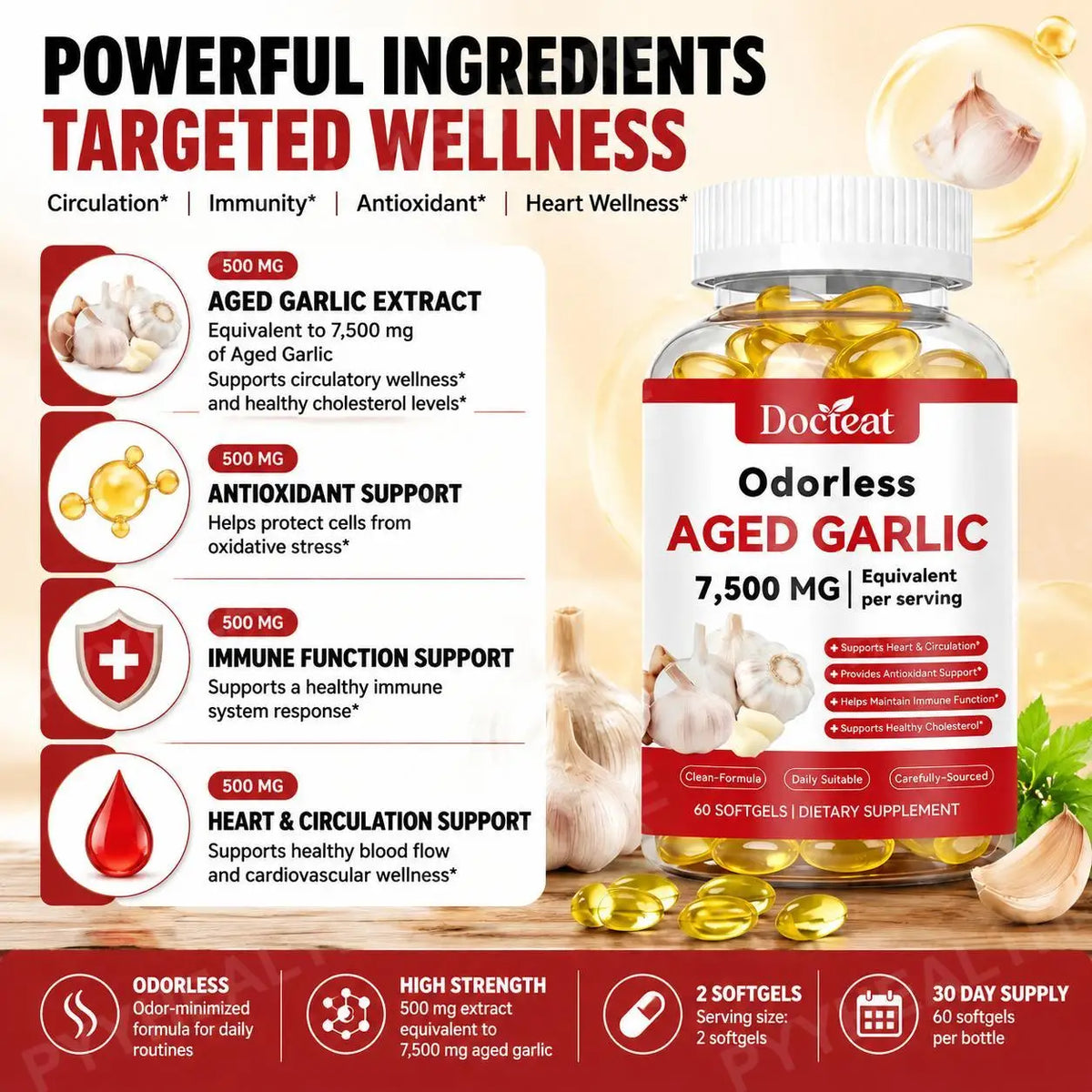 Docteat Odorless Aged Garlic Extract Softgels 500mg – 60ct Herbal Supplement Qst