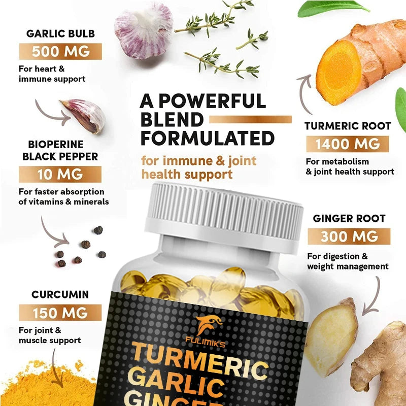 FULIMIKS Turmeric Capsules – Ginger, Garlic & Bioperine 120ct Herbal Supplement Qst