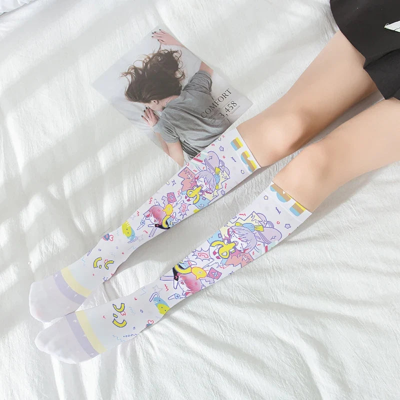 Women's Anime Cartoon Print Mid-Tube Stockings – 6 Colors Printed Calf Stockings Qme