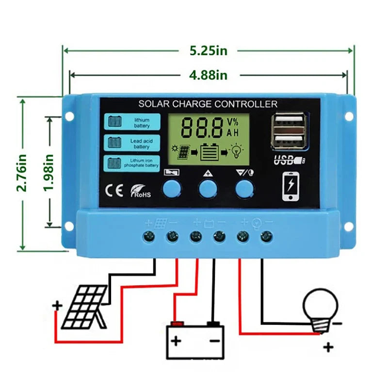 Solar Charge Controller 10A 20A 30A 12V 24V Auto LCD Display Solar Charge Controller Qme