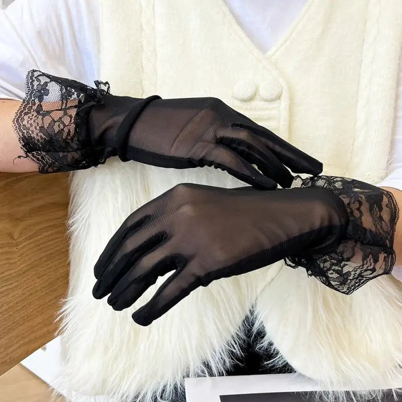 Sheer Mesh Lace Gloves with Ribbon Bow | Lolita Tulle Lace Fashion Gloves Qst Dark black
