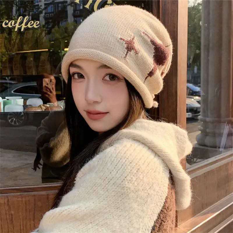 Star Pattern Drawstring Knit Beanie – Women's Winter Hat Knit Beanie Hat Qst