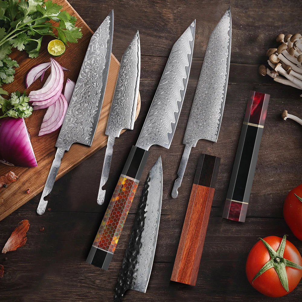 TURWHO Damascus Steel Chef Knife Blank & Octagonal Handle DIY Kit Knife Making Kit Qst