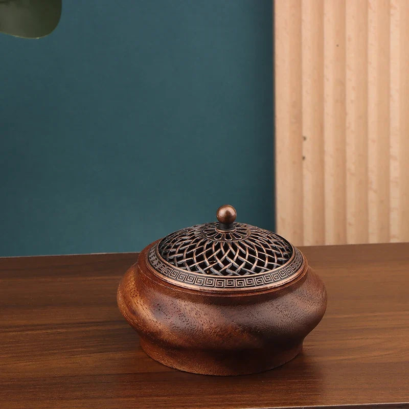 Walnut Retro Round Incense Burner – Solid Wood-Look Home Decor Incense Burner Qme