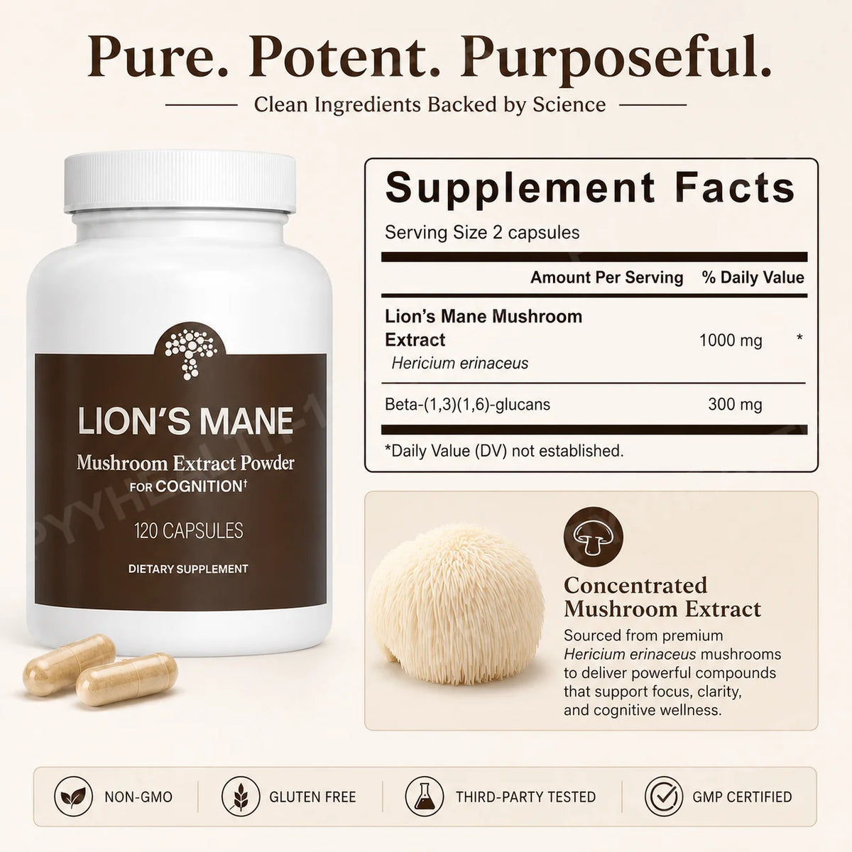 Lion's Mane Mushroom Extract 1000mg – 120 Capsules, 60 Servings Mushroom Supplement Qst