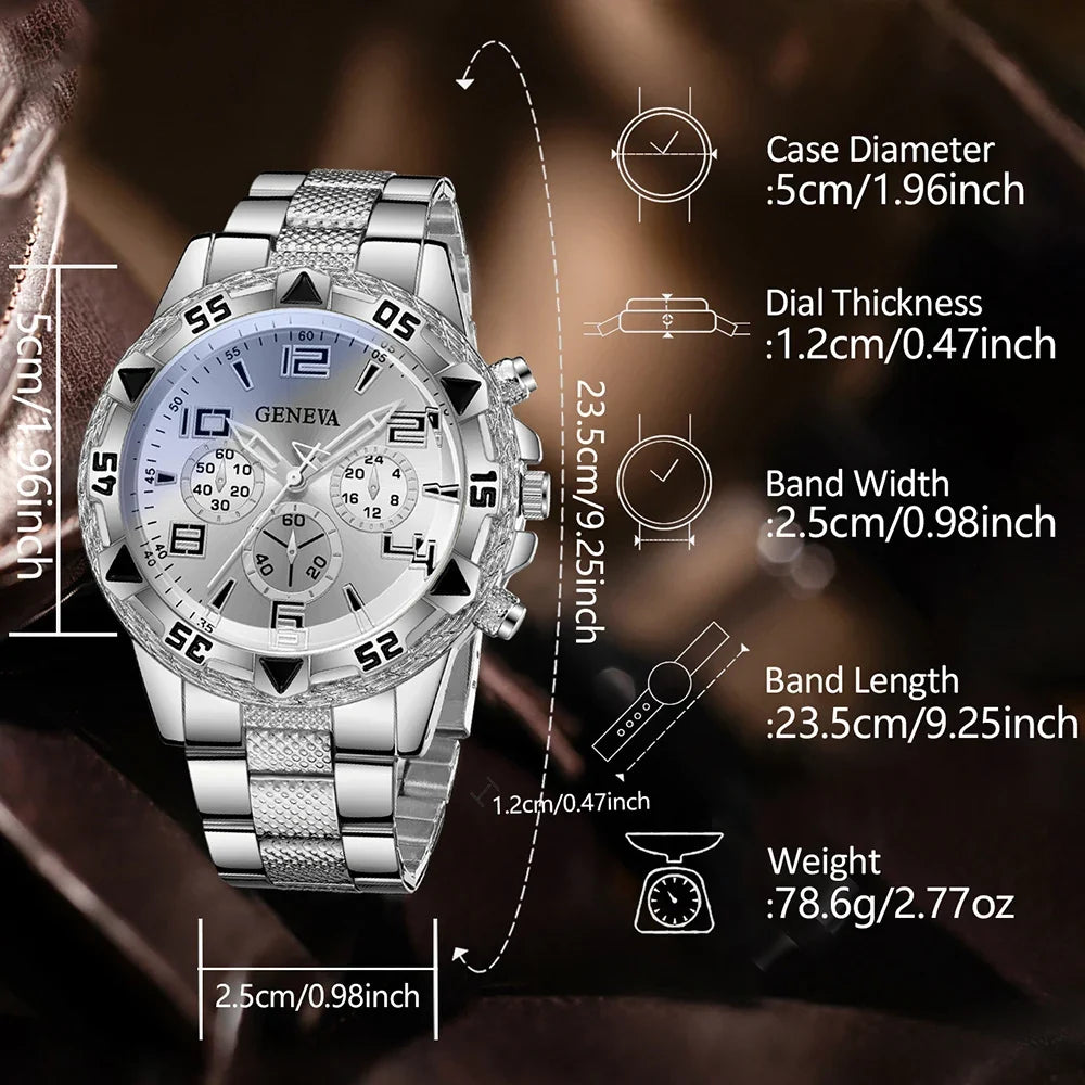 Geneva Silver Plate Men's Diamond Dial Steel Strap Watch Men's Fashion Watch Qme